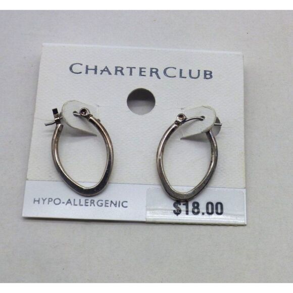 Charter Club 1" Silver Tone Flat Oval Hoop Hypo-Allergenic Earrings - Picture 3 of 5